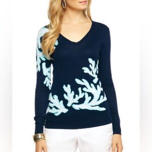 Lilly Pulitzer AINSLEY SWEATER True Navy Coral Jacquard Crew Neck Size Small